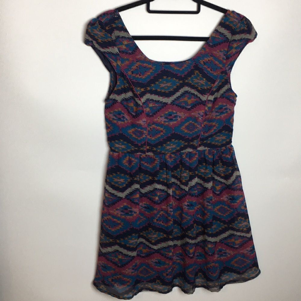 Band Of Gypsies mini cap sleeve boho Aztec southwestern print dress Sz Medium